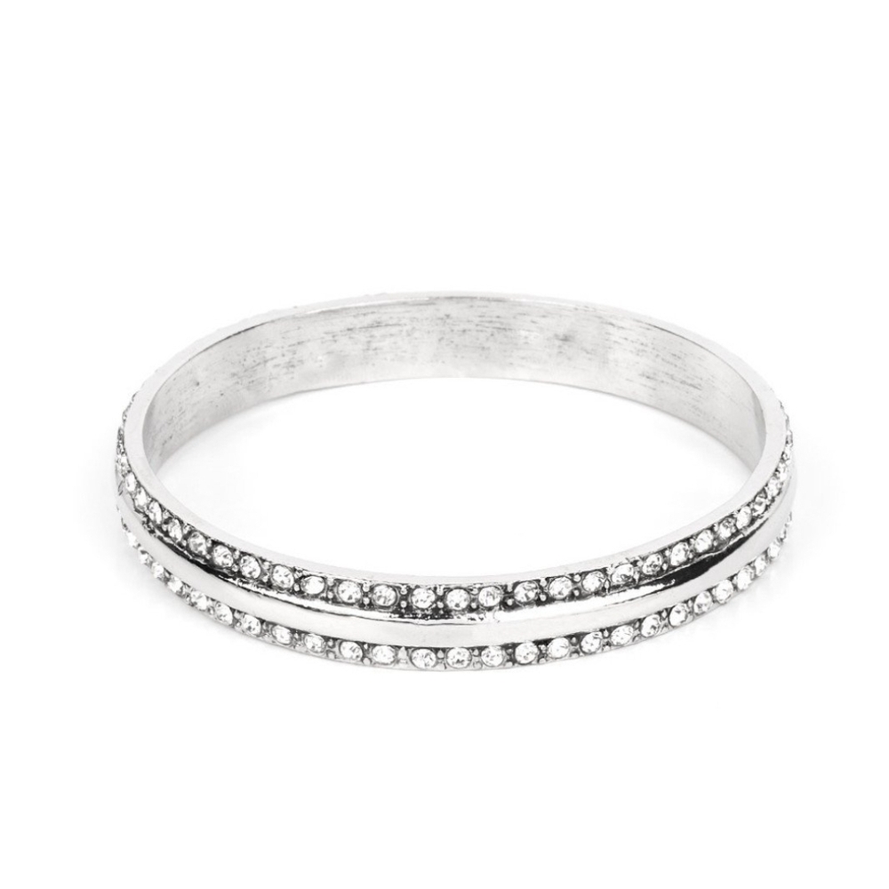 Paparazzi Silver Crystal Bangle Bracelet Forged Uproar White Fashion Jewelry